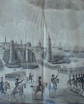 Гравюра раскрашенная В шествие Российских Войск с распущенными Знаменами и барабанным боем пралом крепости Варны покорившиеся 29 сентября 1828 года